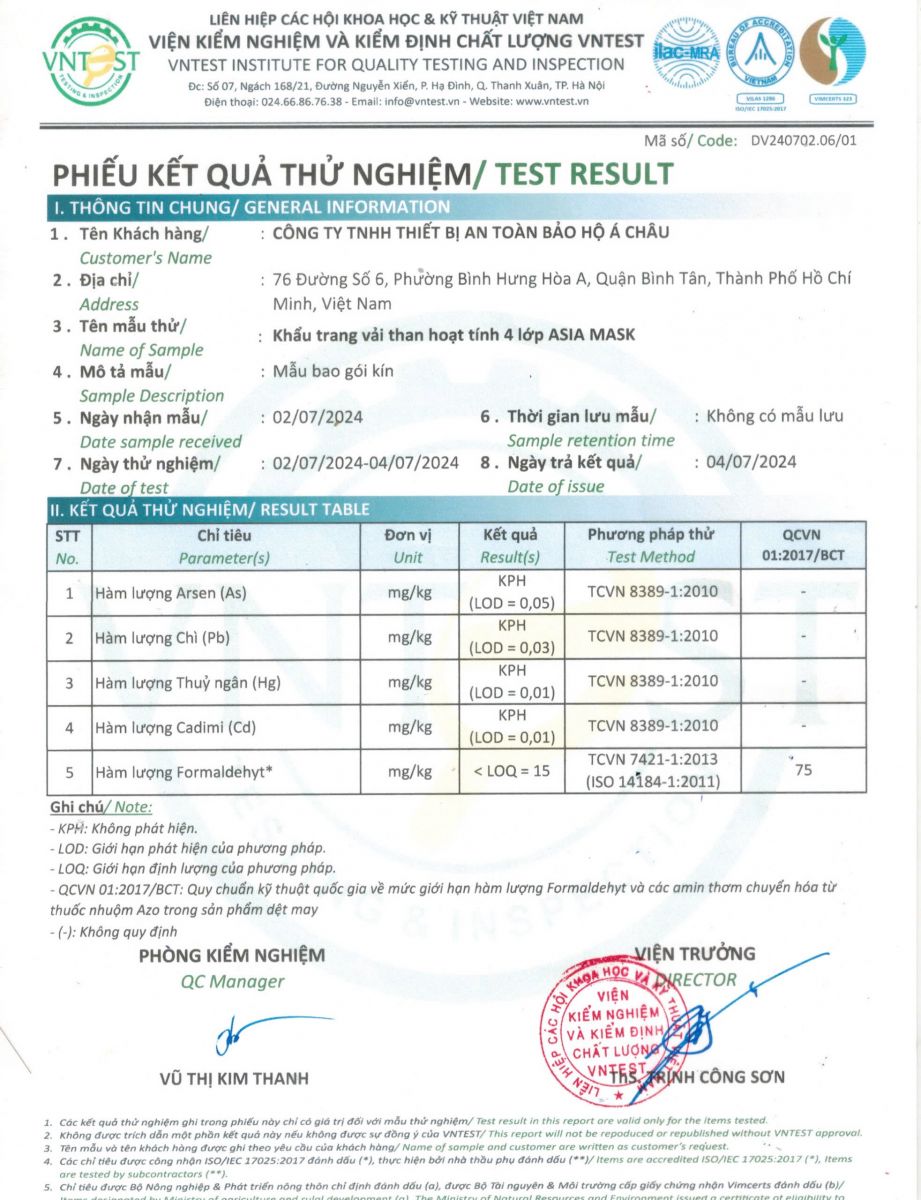 GIẤY KIỂM ĐỊNH CTY VNTEST NĂM 2024
